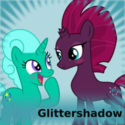 Size: 1024x1024 | Tagged: safe, artist:melisareb, imported from derpibooru, fizzlepop berrytwist, glitter drops, tempest shadow, pony, unicorn, derpibooru, .svg available, blushing, female, glittershadow, lesbian, looking at each other, mare, meta, official spoiler image, shipping, spoilered image joke, svg, vector