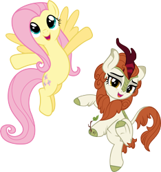 Size: 5566x5946 | Tagged: safe, artist:jhayarr23, artist:ninjashadow-x, artist:xpesifeindx, imported from derpibooru, autumn blaze, fluttershy, kirin, pegasus, pony, absurd resolution, bipedal, duo, female, mare, simple background, transparent background, vector