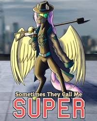 Size: 1024x1280 | Tagged: safe, artist:korencz11, imported from derpibooru, fluttershy, pegasus, pony, fanfic:sometimes they call me super, clothes, coat, fanfic, fanfic art, fanfic cover, female, gun, hat, mask, rifle, solo, super suit, superhero, weapon