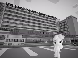 Size: 2048x1536 | Tagged: safe, artist:topsangtheman, imported from derpibooru, linky, shoeshine, earth pony, pony, 3d, bus, cadillac, grayscale, hospital, looking at you, minecraft, monochrome, source filmmaker