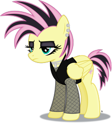 Size: 2487x2744 | Tagged: safe, artist:anime-equestria, imported from derpibooru, fluttershy, pegasus, pony, alternate hairstyle, clothes, ear piercing, eyeshadow, fishnets, fluttergoth, frown, goth, jewelry, long sleeves, makeup, necklace, piercing, simple background, solo, transparent background, vector, vest, wings