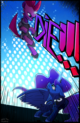 Size: 1416x2160 | Tagged: safe, artist:adagiostring, artist:shido-tara, imported from derpibooru, princess luna, tempest shadow, alicorn, pony, unicorn, action, action pose, attack, broken horn, canon, collaboration, comic style, duo, female, fight, glowing horn, horn, looking up, meme, rage face, spell