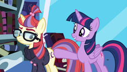 Size: 1920x1080 | Tagged: safe, imported from derpibooru, screencap, moondancer, twilight sparkle, alicorn, pony, unicorn, amending fences, book, bookshelf, butt touch, clothes, female, glasses, hoof on butt, mare, sweater, twilight sparkle (alicorn), twilight's canterlot home