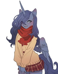 Size: 1146x1478 | Tagged: safe, artist:rd_3024, imported from derpibooru, princess luna, alicorn, anthro, clothes, cute, female, lunabetes, mare, scarf, simple background, skirt, solo, sweater, white background
