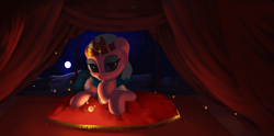 Size: 2322x1149 | Tagged: safe, artist:vultraz, imported from derpibooru, somnambula, pegasus, pony, bedroom eyes, curtain, curtains, female, full moon, looking at you, moon, night, pillow, sitting, solo