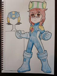 Size: 1280x1707 | Tagged: safe, artist:stuanimeart, imported from derpibooru, oc, oc only, oc:ferb fletcher, human, clothes, cosplay, costume, glasses, hat, helmet, humanized, megaman battle network, megaman.exe, pony ears, solo, traditional art, video game