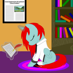 Size: 1200x1200 | Tagged: safe, artist:zethbsoul, imported from derpibooru, oc, oc only, oc:yvonne redfeather, alicorn, pony, bookshelf, quill, red mane, simple background, solo