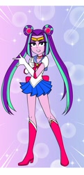 Size: 677x1400 | Tagged: safe, artist:nekojackun, imported from derpibooru, aria blaze, equestria girls, anime, clothes, clothes swap, cosplay, costume, crossover, female, looking at you, odango, sailor moon, sailor uniform, serena tsukino, skirt, solo, sweat, sweatdrop, tsukino usagi, uniform