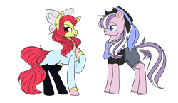 Size: 4872x2833 | Tagged: safe, alternate version, artist:bublebee123, artist:icey-wicey-1517, artist:icicle-wicicle-1517, color edit, edit, imported from derpibooru, apple bloom, diamond tiara, earth pony, pony, alternate hairstyle, alternate universe, apple bloom's bow, bandana, black socks, bow, clothes, collaboration, colored, diamondbloom, dress, female, grin, hair bow, hat, hoof polish, jewelry, lesbian, mare, necklace, older, older apple bloom, older diamond tiara, pearl necklace, raised hoof, role reversal, shipping, shirt, shorts, simple background, smiling, smug, socks, stockings, t-shirt, thigh highs, transparent background