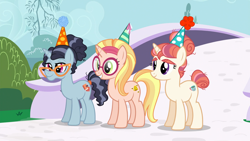 Size: 1920x1080 | Tagged: safe, imported from derpibooru, screencap, booksmart, honey lemon, moondancer's sister, morning roast, pony, unicorn, amending fences, big hero 6, eyebrows, glasses, hat, lidded eyes, party hat, raised hoof, smiling