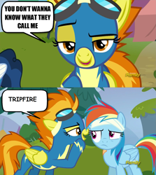 Size: 1279x1436 | Tagged: safe, edit, edited screencap, imported from derpibooru, screencap, high winds, rainbow dash, spitfire, pegasus, pony, newbie dash, season 6, accident, exploitable meme, implied accident, implied tripping, meme, spitfire's nickname, tripfire