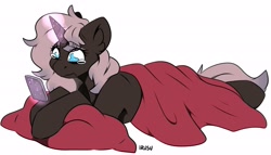 Size: 2583x1474 | Tagged: safe, artist:lrusu, imported from derpibooru, oc, oc only, oc:sugardawn, pony, unicorn, bags under eyes, crying, depressed, depression, laying on bed, lying on bed, phone, sad, simple background, solo, teary eyes, this will end in tears, wavy mouth, white background