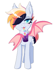 Size: 423x556 | Tagged: safe, artist:glitterring, imported from derpibooru, oc, oc only, bat pony, pony, bat pony oc, bat wings, bedroom eyes, cup, drinking, ear fluff, eyeliner, hair over one eye, makeup, one wing out, pixel art, simple background, solo, transparent background, winghold, wings