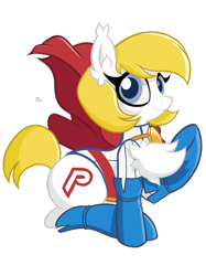 Size: 1280x1707 | Tagged: safe, artist:branewashpv, artist:theratedrshimmer, imported from derpibooru, earth pony, pony, blue eyes, boots, cape, chest fluff, clothes, cute, dc superhero girls, fluffy, gloves, ponified, power girl, shoes, simple background, solo, transparent background, white coat, yellow mane