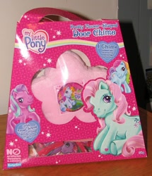 Size: 689x800 | Tagged: safe, imported from derpibooru, photographer:tradertif, minty, pinkie pie (g3), rainbow dash (g3), cute, doorbell, g3, g3 dashabetes, g3 diapinkes, irl, merchandise, mintabetes, packaging, photo