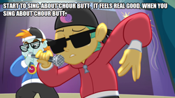 Size: 896x500 | Tagged: safe, edit, edited screencap, imported from derpibooru, screencap, snails, snips, equestria girls, rainbow rocks, booggie in your butt, butt, butts, cap, caption, clock, dj snazzy snails, eddie murphy, hat, mc snips, meme, microphone, rap, rapping, song reference, sunglasses, text