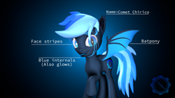 Size: 3840x2160 | Tagged: safe, artist:technickarts, imported from derpibooru, oc, oc:comet chirico, bat pony, hybrid, 3d, bat pony oc, bat wings, blue background, blue insides, cute, simple background, slit eyes, slit pupils, source filmmaker, volumetric light, watermark, weapons-grade cute, wings