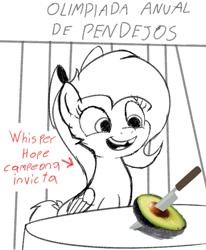 Size: 758x918 | Tagged: safe, artist:rsa.fim, imported from derpibooru, oc, oc only, oc:whisper hope, pegasus, avocado, broken teeth, competition, female, food, mare, ribbon, sketch, spanish, stupidity, table, tail wrap