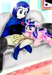 Size: 2322x3340 | Tagged: safe, artist:liaaqila, imported from derpibooru, twilight sparkle, alicorn, pony, book, boots, cloak, clothes, commission, couch, crossover, cute, female, mare, raven (dc comics), raven (teen titans), reading, shoes, tara strong, teen titans, traditional art, twiabetes, twilight sparkle (alicorn), twiraven, voice actor joke