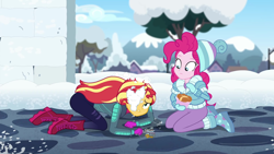 Size: 1920x1080 | Tagged: safe, imported from derpibooru, screencap, pinkie pie, sunset shimmer, equestria girls, equestria girls series, holidays unwrapped, spoiler:eqg series (season 2), ass, boots, bunset shimmer, butt, clothes, duo, duo female, female, gloves, hat, key, keychain, ramekin, saving pinkie's pie, shoes, snow, snow fort, snowball, snowball fight, souffle, winter hat, winter outfit