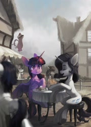 Size: 1731x2417 | Tagged: safe, alternate version, artist:koviry, imported from derpibooru, bon bon, octavia melody, rarity, sweetie drops, twilight sparkle, alicorn, fanfic:hypoesthesia, commission, desaturated, fanfic, fanfic art, fanfic cover, female, food, lesbian, ponyville, rarilight, sandwich, shipping, twilight sparkle (alicorn), worried