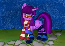 Size: 3507x2480 | Tagged: safe, artist:mcsplosion, imported from derpibooru, oc, oc only, pony, unicorn, clothes, female, night, scarf, socks, solo, striped socks