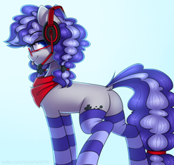 Size: 2102x2000 | Tagged: safe, artist:starlyfly, artist:starlyflygallery, imported from derpibooru, oc, oc only, oc:cinnabyte, earth pony, pony, adorkable, bandana, bedroom eyes, cinnabetes, clothes, cute, dork, earth pony oc, female, gaming headset, headset, mare, pigtails, socks, solo, striped socks