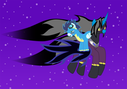 Size: 1200x840 | Tagged: safe, artist:somashield, imported from derpibooru, soarin', oc, oc:soma, pegasus, pony, unicorn, digital art, flying, goggles, horn, male, night, shadowbolts, shadowbolts (nightmare moon's minions), stallion, stars, wings, wonderbolts