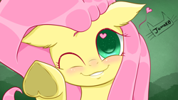 Size: 3840x2160 | Tagged: safe, artist:jomok0, imported from derpibooru, fluttershy, pegasus, pony, best pony, blushing, colored pupils, cute, female, heart, heart eyes, heart hoof, hoof heart, looking at you, pointy hooves, shiny hair, shyabetes, simple background, simple shading, smiling at you, solo, sparkly eyes, wallpaper, wingding eyes