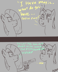 Size: 1093x1369 | Tagged: safe, artist:arrell, imported from derpibooru, oc, oc only, oc:arrell, oc:stalwart crusader, earth pony, pony, unicorn, comic, dialogue, doodle, duo, gun, sketch, text, weapon