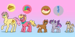 Size: 1280x640 | Tagged: safe, artist:vennyriz22, imported from derpibooru, li'l cheese, oc, oc:cherry chunga biscotti, oc:laughter candy taaffeite, oc:milk creme dudley, oc:rockathena canon road, pony, the last problem, bowtie, colt, cutie mark, female, filly, gradient background, heterochromia, male, mare, offspring, parent:cheese sandwich, parent:pinkie pie, parents:cheesepie, siblings, stallion, trans female, trans mare