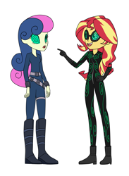 Size: 2929x4000 | Tagged: safe, artist:tf-circus, imported from derpibooru, bon bon, sunset shimmer, sweetie drops, oc, oc:mez-mare-a, equestria girls, antagonist, catsuit, goggles, hypnogoggles, hypnosis, hypnotized, power ponies oc, secret agent sweetie drops, spiral, spy, supervillain, swirly eyes, thief, trance, villainess