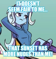 Size: 500x525 | Tagged: safe, edit, idw, imported from derpibooru, trixie, equestria girls, spoiler:comic, spoiler:comicequestriagirlsmarchradness, caption, cropped, image macro, meme, text, trixie yells at everything