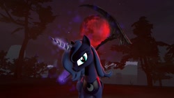 Size: 1280x720 | Tagged: safe, artist:thelagplayer, imported from derpibooru, princess luna, alicorn, pony, blood moon, dark background, glowing eyes, glowing horn, horn, moon, scythe, this will end in death, this will end in tears, this will end in tears and/or death, weapon