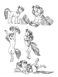 Size: 1000x1316 | Tagged: safe, artist:baron engel, imported from derpibooru, apple bloom, oc, oc:stone mane, oc:stone mane (baron engel), earth pony, pony, semi-anthro, armpits, bipedal, canon x oc, crush plush, female, filly, hoofy-kicks, monochrome, pencil drawing, plushie, ponies playing with ponies, story included, traditional art