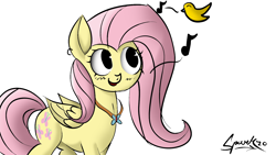 Size: 1600x900 | Tagged: safe, artist:zsparkonequus, imported from derpibooru, fluttershy, bird, pegasus, pony, female, jewelry, music notes, necklace, simple background, solo, white background