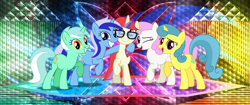 Size: 3440x1440 | Tagged: safe, artist:dashiesparkle edit, artist:laszlvfx, edit, imported from derpibooru, lemon hearts, lyra heartstrings, minuette, moondancer, twinkleshine, pony, unicorn, female, glasses, mare, smiling, wallpaper, wallpaper edit