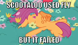 Size: 642x374 | Tagged: safe, edit, edited screencap, imported from derpibooru, screencap, scootaloo, growing up is hard to do, caption, flower, image macro, meme, nintendo, pokémon, scootaloo can't fly, scootaloo will never fly, text