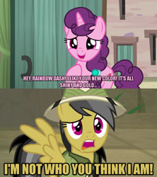 Size: 1280x1440 | Tagged: safe, edit, edited screencap, editor:jaredking203, imported from derpibooru, screencap, daring do, sugar belle, pegasus, pony, unicorn, daring doubt, hard to say anything, caption, female, image macro, implied rainbow dash, mare, meme, mistaken identity, text