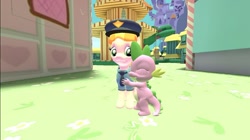 Size: 1024x575 | Tagged: safe, artist:undeadponysoldier, imported from derpibooru, copper top, spike, dragon, 3d, copperbetes, copperspike, crack shipping, cute, daaaaaaaaaaaw, female, gmod, hug, male, mare, police officer, police uniform, ponyville, ponyville town hall, shipping, spikabetes, spikelove, straight