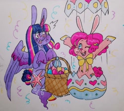 Size: 1280x1144 | Tagged: safe, artist:ask-pinkie-polkadot-pie, imported from derpibooru, pinkie pie, twilight sparkle, alicorn, hybrid, pony, rabbit, tumblr:ask-pinkie-polkadot-pie, basket, bunnified, bunny pie, bunny sparkle, easter basket, easter egg, species swap, traditional art, twilight sparkle (alicorn)