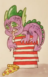 Size: 1195x1920 | Tagged: safe, artist:ask-pinkie-polkadot-pie, imported from derpibooru, spike, dragon, tumblr:ask-pinkie-polkadot-pie, food, male, meat, pepperoni, pepperoni pizza, pizza, solo, traditional art