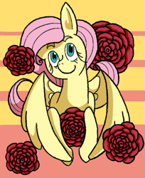 Size: 409x502 | Tagged: safe, artist:flamirasplitz, imported from derpibooru, fluttershy, pegasus, pony, female, flower, front view, full face view, head tilt, looking at you, mare, rose, smiling, solo, spread wings, wings