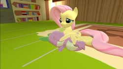 Size: 1024x575 | Tagged: safe, artist:undeadponysoldier, imported from derpibooru, fluttershy, spike, dragon, pony, 3d, female, fluttershy's cottage, flutterspike, gmod, hug, lying down, male, mare, shipping, spikelove, straight, wing blanket, winghug