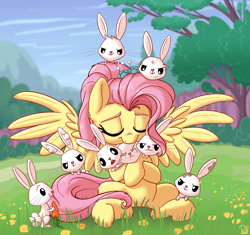 Size: 2296x2160 | Tagged: safe, artist:pirill, imported from derpibooru, angel bunny, fluttershy, pegasus, pony, rabbit, the last problem, accessories, accessory, animal, bush, cloud, cute, daaaaaaaaaaaw, dandelion, ear fluff, eyes closed, female, flower, grass, grass field, ground, high res, hnnng, hug, male, mare, mountain, older, older fluttershy, path, scenery, shyabetes, signature, sitting, sky, smiling, solo focus, spread wings, tail, tree, weapons-grade cute, when you see it, wings