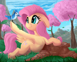 Size: 2000x1603 | Tagged: safe, artist:discorded, imported from derpibooru, fluttershy, bird, blue jay, pegasus, pony, armpits, cherry blossoms, cute, female, floppy ears, flower, flower blossom, leaf, leaves, mare, on side, shyabetes, side, solo, tree, tree stump