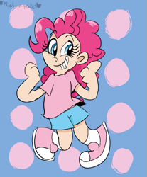 Size: 663x800 | Tagged: safe, artist:mirabuncupcakes15, imported from derpibooru, pinkie pie, human, clothes, converse, female, grin, humanized, rin, shirt, shoes, shorts, smiling, socks, solo, t-shirt