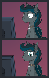 Size: 630x1000 | Tagged: source needed, safe, artist:flyingsaucer, imported from derpibooru, oc, oc only, oc:flying saucer, bat pony, pony, collar, computer, male, meme, monitor, solo, stallion