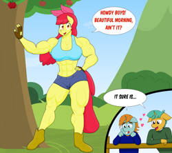 Size: 4030x3574 | Tagged: safe, artist:matchstickman, imported from derpibooru, apple bloom, snails, snips, anthro, earth pony, plantigrade anthro, unicorn, abs, apple, apple bloom's bow, apple brawn, apple tree, armpits, biceps, boots, bow, breasts, busty apple bloom, clothes, deltoids, dialogue, female, fence, fingerless gloves, floating heart, floppy ears, gloves, hair bow, hand on hip, heart, infatuation, jeans, looking at you, male, mare, matchstickman's apple brawn series, midriff, muscles, muscular female, older, older apple bloom, pants, pecs, redraw, shipping, shoes, short jeans, snailbloom, snipsbloom, speech bubble, sports bra, straight, sweet apple acres, talking to viewer, thighs, thunder thighs, tree, trio