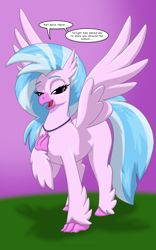 Size: 1250x2000 | Tagged: safe, artist:runningtoaster, imported from derpibooru, silverstream, classical hippogriff, hippogriff, beak, bedroom eyes, female, hand on chest, jewelry, looking at you, necklace, open beak, open mouth, open smile, raised claw, request, smiling, smiling at you, solo, speech bubble, spread wings, talking, talking to viewer, wings